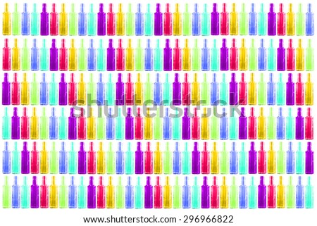 Colored bottles are several rows on a white background. The subject has cut out a path to further isolation and work on the subject.