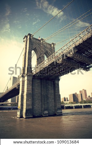 Pier Of Brooklyn Bridge In New York City, Vintage Style, Manhattan, New York, Usa