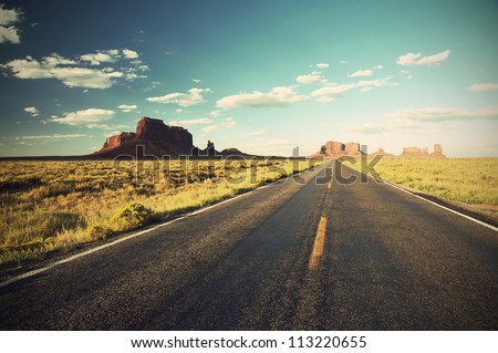 Highway 163 Through Monument Valley At Sunset, Arizona, Utah, Navajo Nation, Usa, Vintage Style