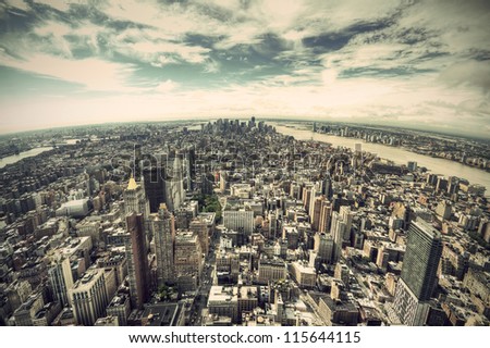 Panoramic View Over Manhattan, New York City From Empire State Building, Vintage Style, New York City, Usa