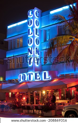 MIAMI, USA - JUNE 7, 2012: The Art Deco Colony Hotel at night on Ocean Drive. South Beach, Miami, Florida, United States of America, june 7 2012