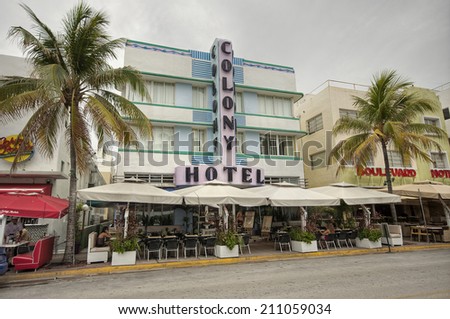MIAMI, USA - JUNE 6, 2012: The Art Deco Colony Hotel on Ocean Drive. The road is the main thoroughfare through South Beach. South Beach, Miami, Florida, United States of America, june 6 2012