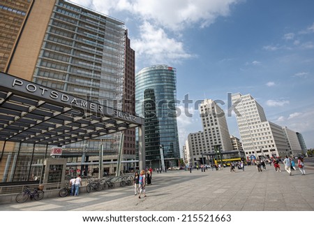 BERLIN, GERMANY - SEPTEMBER 6: Potsdamer Platz and railway station in Berlin Mitte, Germany, Europe sept 06 2014.  It\'s one of the main public square and traffic intersection in the centre of Berlin