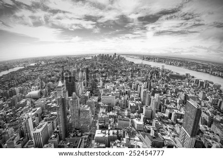 panoramic view over Manhattan, New York city from Empire State building, black and white, New York City, USA