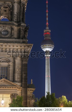 TV Tower (Fernsehturm) and Berlin Cathedral (Berliner Dom) at night, Berlin Mitte, Germany, Europe