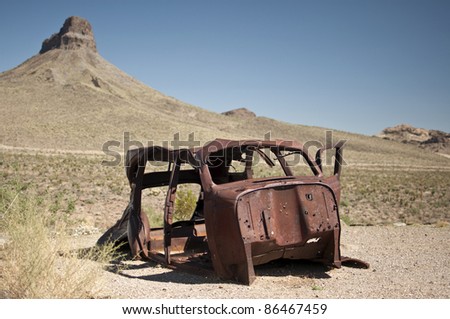 stock photo rusty car wreck in desert Route 66 Arizona USA