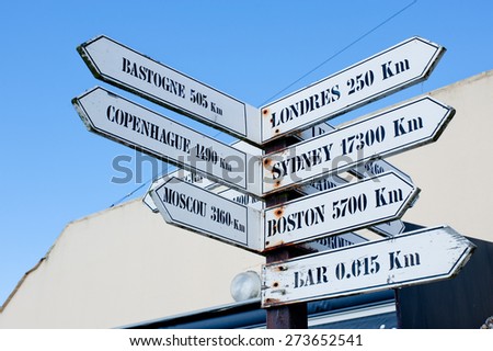 Road sign near cafe in Normandy , Utach beach, France,