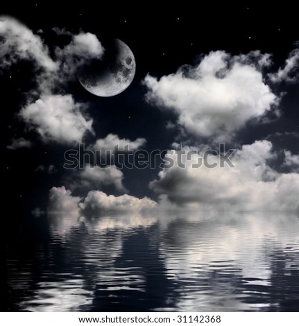 night scenery with cloudy sky, moon and sea