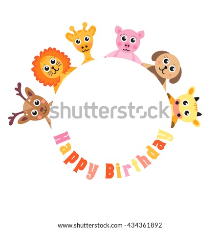 Postcard Happy Birthday, cute animals. Blank space for text baby animals, vector illustration