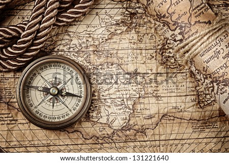 Vintage Still Life With Compass And Old Map