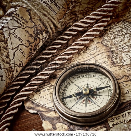 vintage  still life with compass and old map