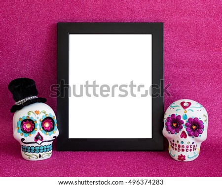 Day of  the Dead candy skull mockup with black frame