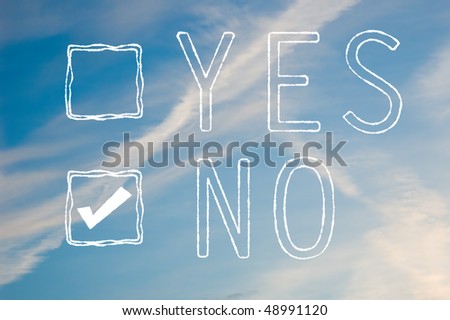 A yes or no tick box made out of white cloudy text against a blue sky. No is selected.