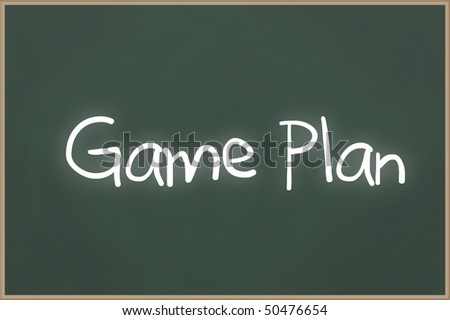 Chalkboard with wooden frame and the text Game Plan