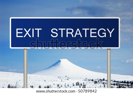 A blue road sign with white text saying Exit Strategy