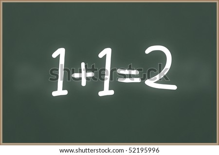 Chalkboard with wooden frame and the text text 1+1=2