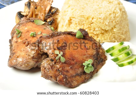 Fried chicken and mushroom marinaded in red wine and coriander seed and bay leaves with pilaf , yogurt and fresh oregano
