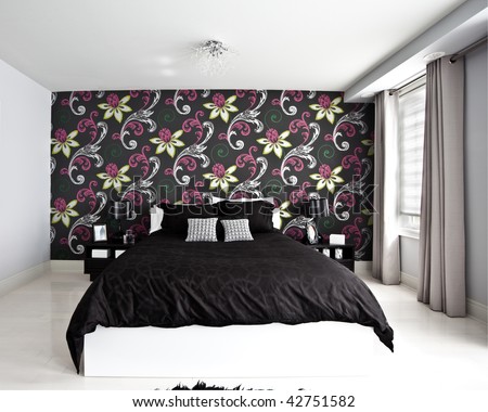 Model home interior bedroom with black and white color layout