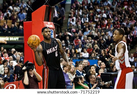 TORONTO - FEBRUARY 16: LeBron James #6 participates in an NBA basketball game at the Air Canada Centre on February 16, 2011 in Toronto, Canada.  The Miami Heat beat the Toronto Raptors 103-95.