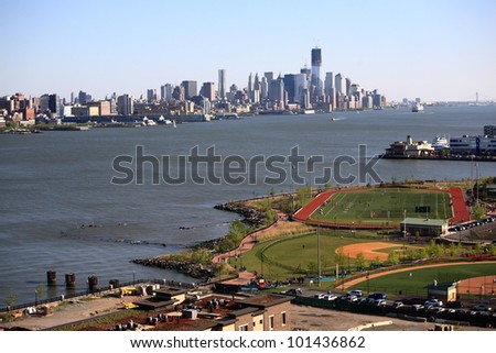 WEEHAWKEN, NEW JERSEY - APRIL 29:  Waterfront Park and Recreation Center with the New York City Skyline on April 29, 2012 in Weehawken, NJ. The park opened in 2007 with 16 acres of recreation space.