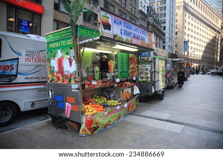 NEW YORK - March 27: Food stand on a Manhattan street on March 27, 2013 in New York. There are more than 10,000 street vendors in NYC.