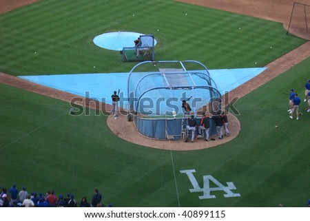 LOS ANGELES - APRIL 25: Dodger baseball players conduct batting practice before a spring game at Dodger Stadium on April 25, 2007 in Los Angeles, California.