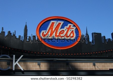 NEW YORK - APRIL 5: Classic New York Mets logo, carried over to Citi Field from old Shea Stadium, on top of the Shake Shack on April 5, 2009 in New York.