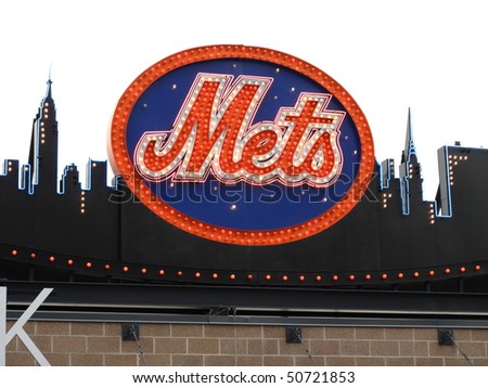 NEW YORK - MAY 26: Classic New York Mets logo, carried over to Citi Field from old Shea Stadium, on top of the Shake Shack on May 26, 2009 in New York.