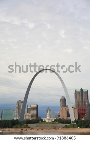 ST. LOUIS, MISSOURI - SEPTEMBER 26: View of St. Louis and the historic Gateway Arch in Missouri, from across the Mississippi River in Illinois, on September 26, 2009. The Arch is 630 feet high.