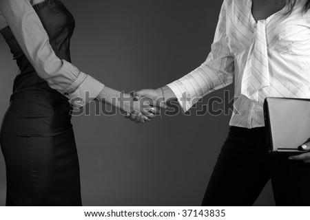 Business woman handshake, black white
