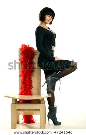 Sexy Poses on Stock Photo   Beautiful Girl Is Putting His Foot On A Wooden Chair On