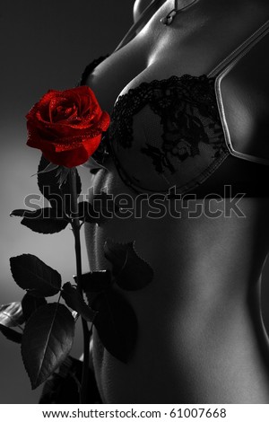 Close up of a woman body with a red rose , black white