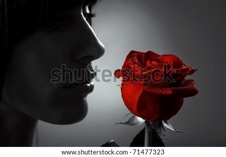 Woman with red rose, macro, black white and red rose