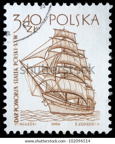 POLAND - CIRCA 1950s: A vintage postage stamp printed in Poland shows a vintage ship, circa 1950s