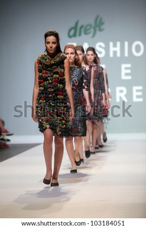 ZAGREB, CROATIA - MAY 12: Fashion model wears clothes made by Ana Kujundic on \