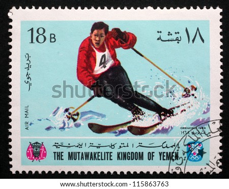 YEMEN CIRCA 1968: A stamp printed in Yemen shows Winter Olympic games in Grenoble, circa 1968