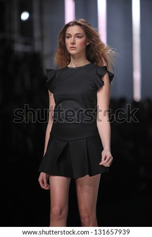 ZAGREB, CROATIA - MARCH 14: Fashion model wears clothes made by Ivana Barac on \