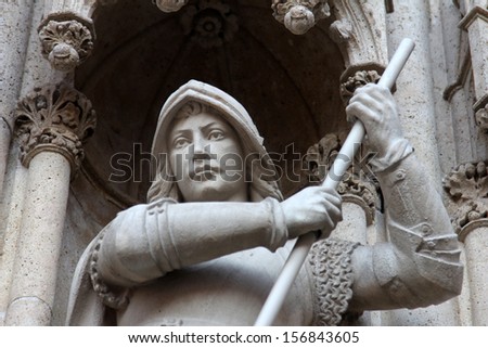 Statue of Saint George on the portal of the cathedral dedicated to the Assumption of Mary and to kings Saint Stephen and Saint Ladislaus in Zagreb, Croatia