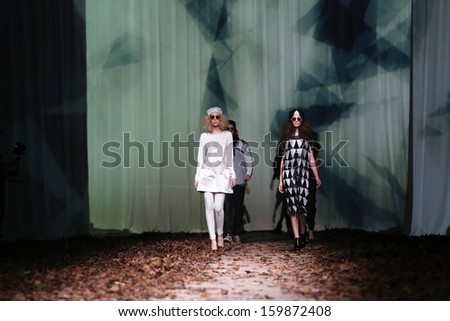 ZAGREB, CROATIA - OCTOBER 23: Fashion model wearing clothes designed by Jet Lag on the Cro a Porter show on October 23, 2013 in Zagreb, Croatia.