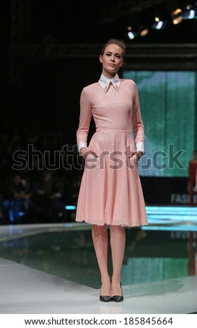 ZAGREB, CROATIA - MARCH 29: Fashion model wearing clothes designed by Envy Room on the 'Fashion.hr' show on March 29, 2014 in Zagreb, Croatia.