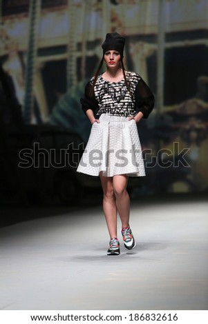 ZAGREB, CROATIA - APRIL 11: Fashion model wears clothes made by Jet Lag on \