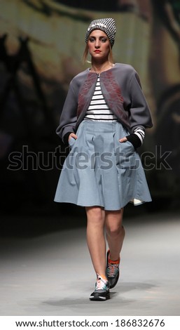 ZAGREB, CROATIA - APRIL 11: Fashion model wears clothes made by Jet Lag on 