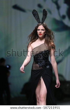 ZAGREB, CROATIA - APRIL 12 : Fashion model wears clothes made by Linea Exclusive on \