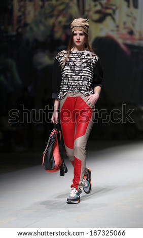 ZAGREB, CROATIA - APRIL 11: Fashion model wears clothes made by Jet Lag on 
