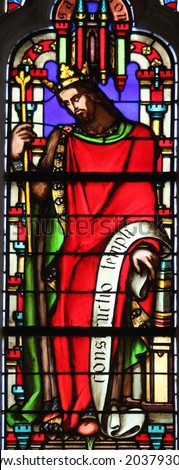 PARIS, FRANCE - NOV 11, 2012: King Solomon, stained glass from Church of St-Germain-l\'Auxerr ois founded in the 7th century, was rebuilt many times over several centuries.