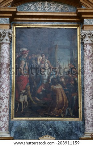 PARMA, ITALY - MAY 01,2014: St Francis of Paola and King Louis XI, altar painting in the church of St Vitale. The church of St Vitale is located in the historic center of Parma, not far from City Hall