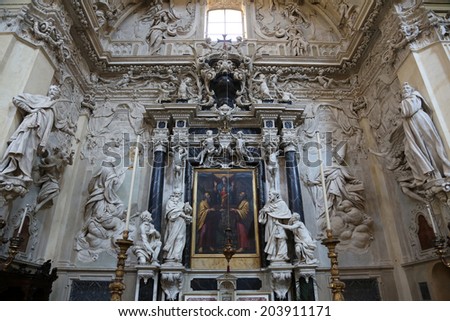 PARMA, ITALY - MAY 01, 2014: Virgin Mary with child Jesus and Saints, altar in the church of Saint Vitale. The church of St Vitale is located in the historic center of Parma, not far from City Hall