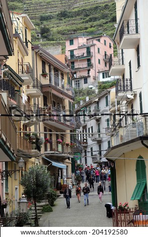 MANAROLA, ITALY - MAY 02: one of the Cinque Terre villages, UNESCO World Heritage Sites, remains a magnet for tourists to the famous Via dell\'Amore remains closed, on May 02, 2014 in Manarola, Italy