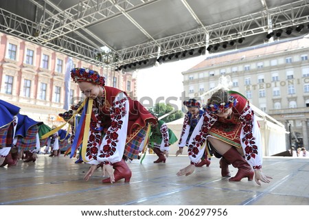 ZAGREB, CROATIA - JULY 17: Members of folk group Edmonton (Alberta), Ukrainian dancers Viter from Canada during the 48th International Folklore Festival in center of Zagreb,Croatia on July 17, 2014