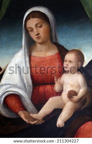 ZAGREB, CROATIA - DECEMBER 12: Francesco Bissolo: Madonna With Child, exhibited at the Great Masters renesnse in Croatia, opened December 12, 2011. in Zagreb, Croatia